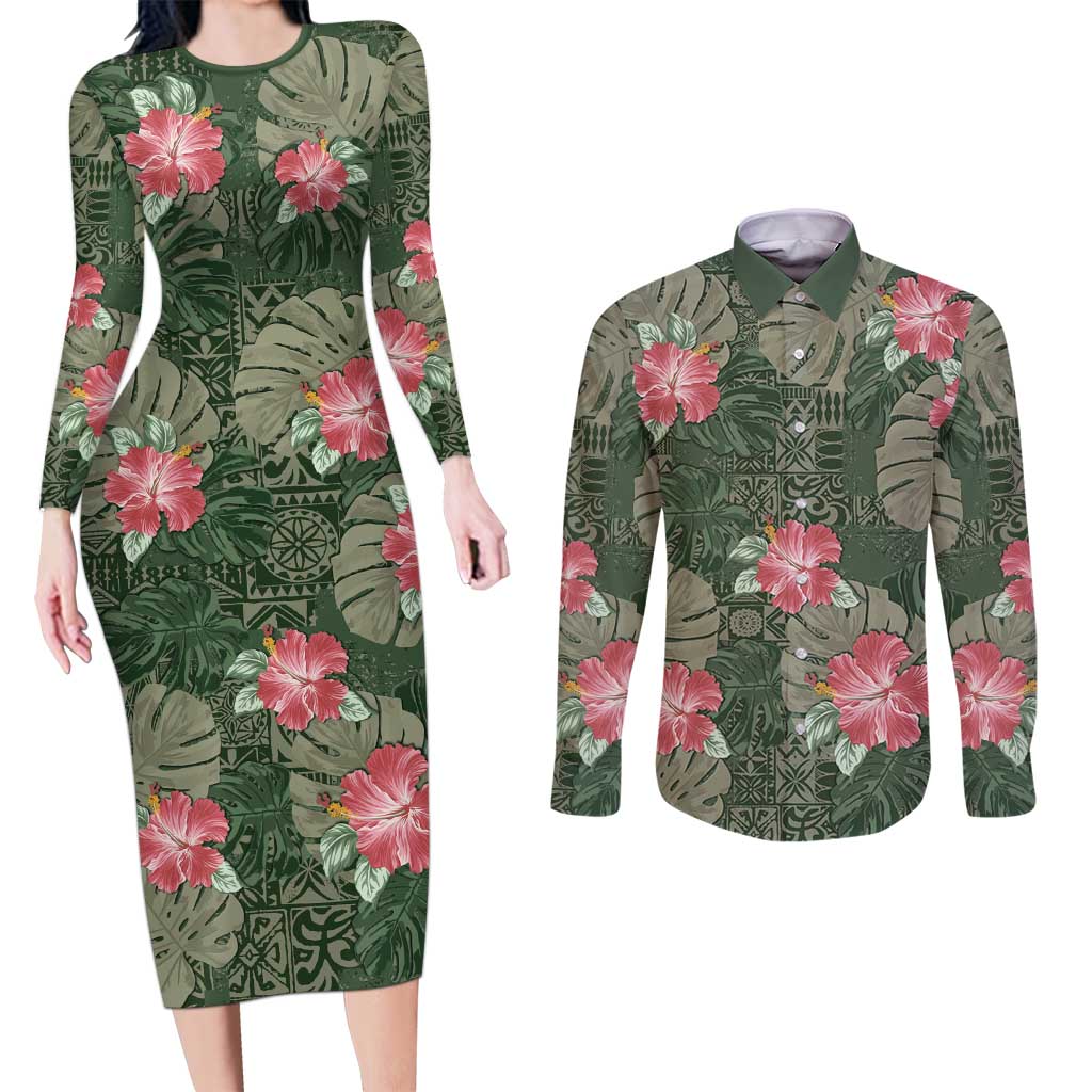 Hawaii Couples Matching Long Sleeve Bodycon Dress and Long Sleeve Button Shirt Green Polynesian Monstera Patterns - Polynesian Pride