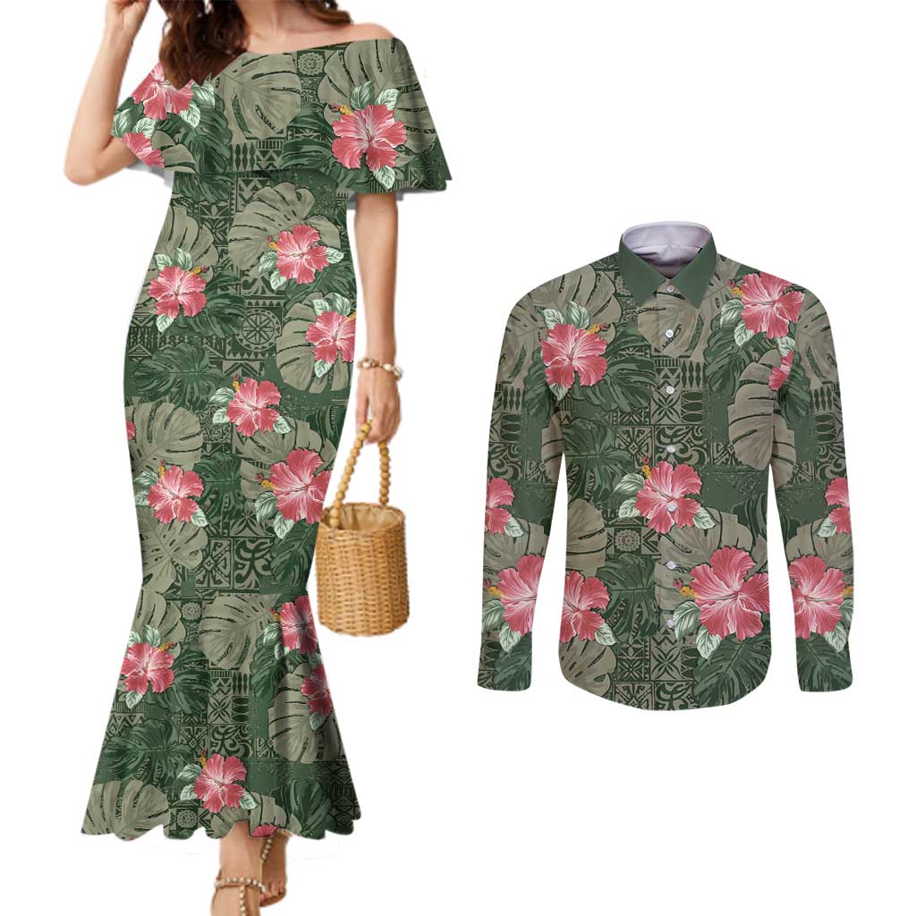 Hawaii Couples Matching Mermaid Dress and Long Sleeve Button Shirt Green Polynesian Monstera Patterns - Polynesian Pride