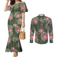Hawaii Couples Matching Mermaid Dress and Long Sleeve Button Shirt Green Polynesian Monstera Patterns - Polynesian Pride
