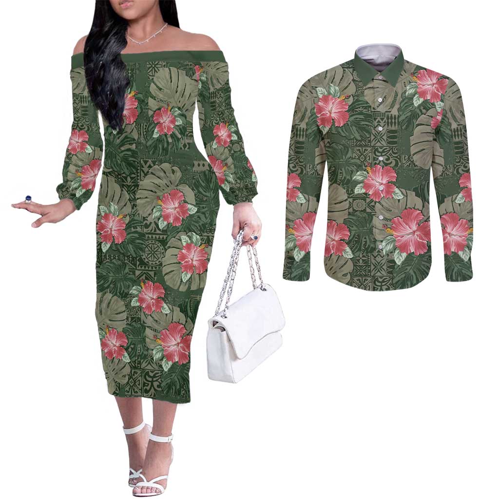 Hawaii Couples Matching Off The Shoulder Long Sleeve Dress and Long Sleeve Button Shirt Green Polynesian Monstera Patterns - Polynesian Pride