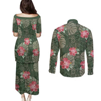 Hawaii Couples Matching Puletasi and Long Sleeve Button Shirt Green Polynesian Monstera Patterns - Polynesian Pride