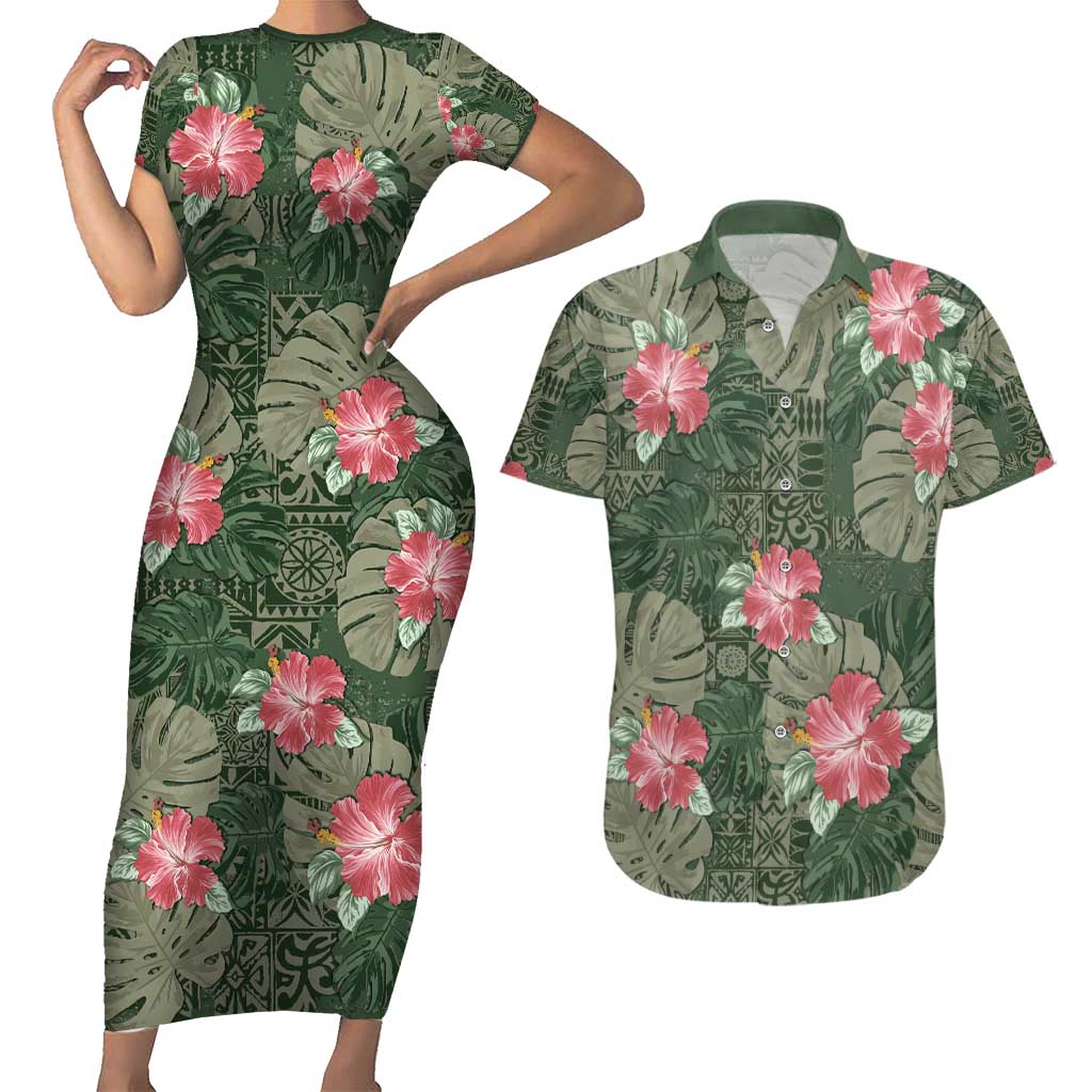 Hawaii Couples Matching Short Sleeve Bodycon Dress and Hawaiian Shirt Green Polynesian Monstera Patterns - Polynesian Pride