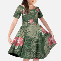 Hawaii Family Matching Long Sleeve Bodycon Dress and Hawaiian Shirt Green Polynesian Monstera Patterns - Polynesian Pride