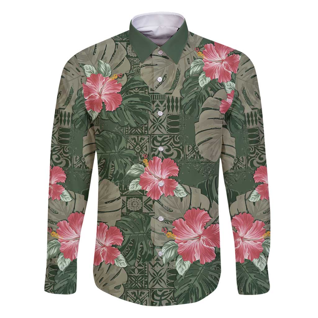 Hawaii Family Matching Long Sleeve Bodycon Dress and Hawaiian Shirt Green Polynesian Monstera Patterns - Polynesian Pride