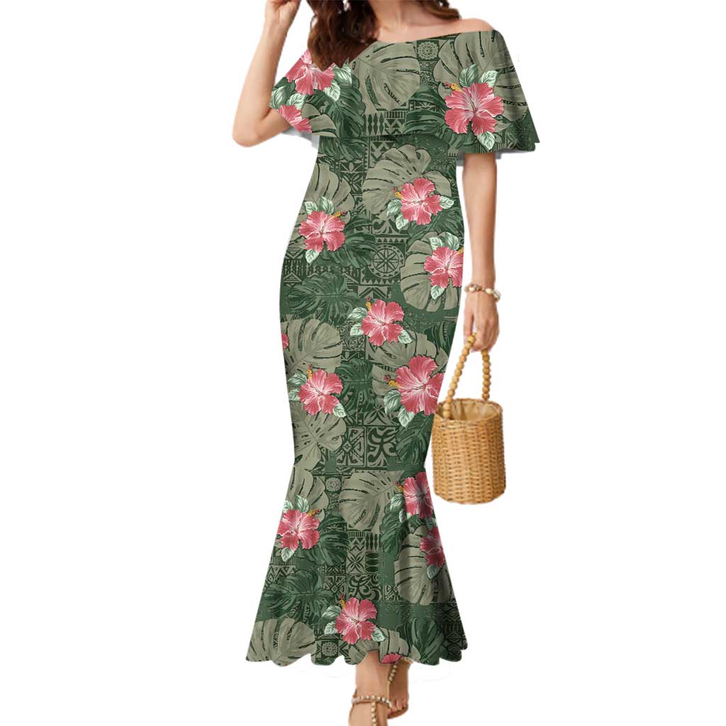 Hawaii Family Matching Mermaid Dress and Hawaiian Shirt Green Polynesian Monstera Patterns - Polynesian Pride