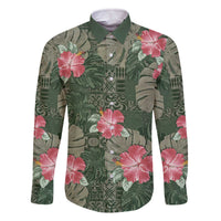 Hawaii Family Matching Off The Shoulder Long Sleeve Dress and Hawaiian Shirt Green Polynesian Monstera Patterns - Polynesian Pride