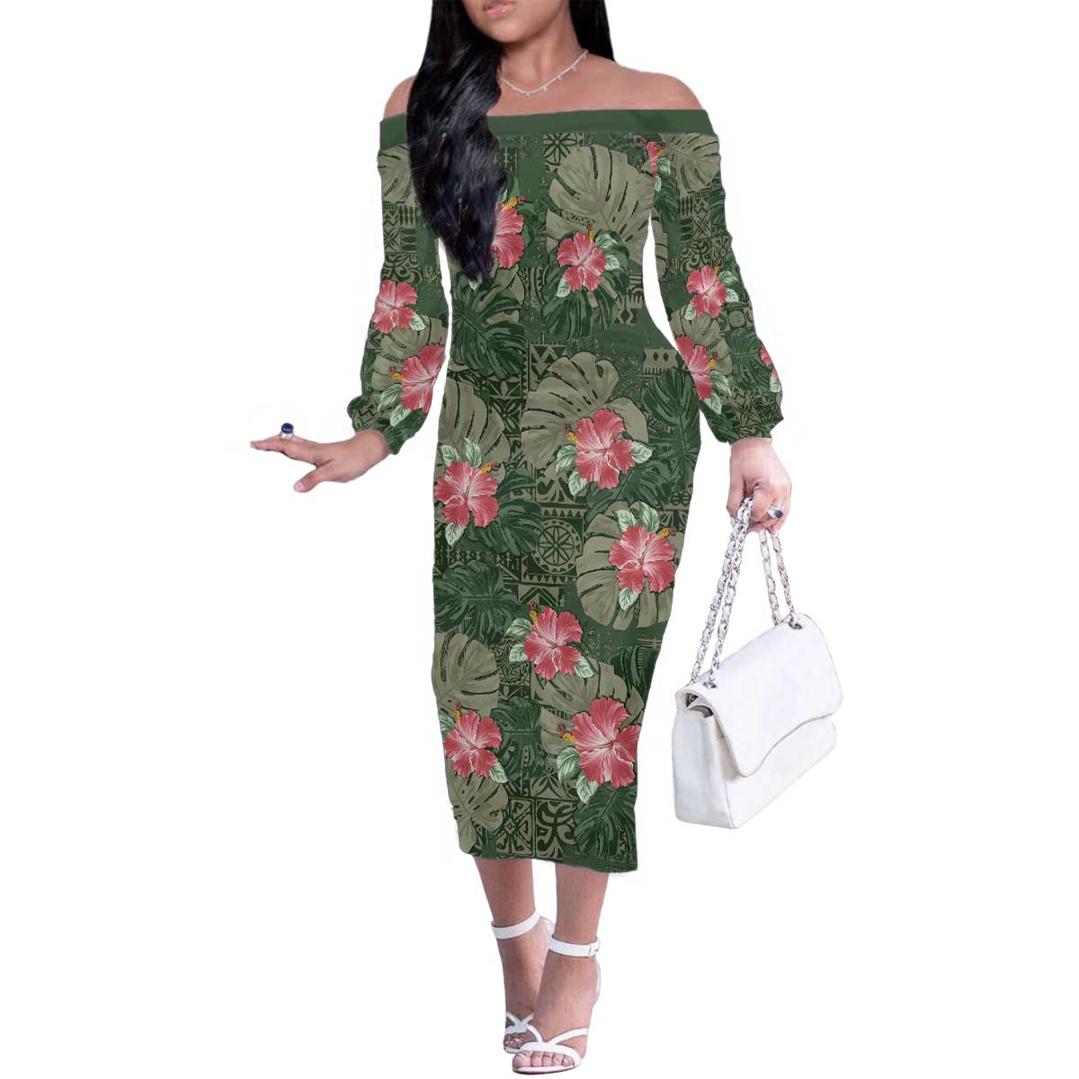 Hawaii Family Matching Off The Shoulder Long Sleeve Dress and Hawaiian Shirt Green Polynesian Monstera Patterns - Polynesian Pride