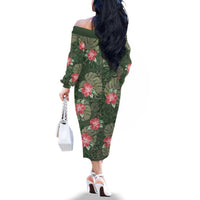 Hawaii Family Matching Off The Shoulder Long Sleeve Dress and Hawaiian Shirt Green Polynesian Monstera Patterns - Polynesian Pride