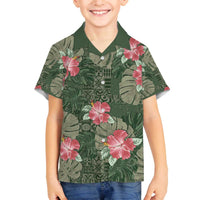 Hawaii Family Matching Off The Shoulder Long Sleeve Dress and Hawaiian Shirt Green Polynesian Monstera Patterns - Polynesian Pride