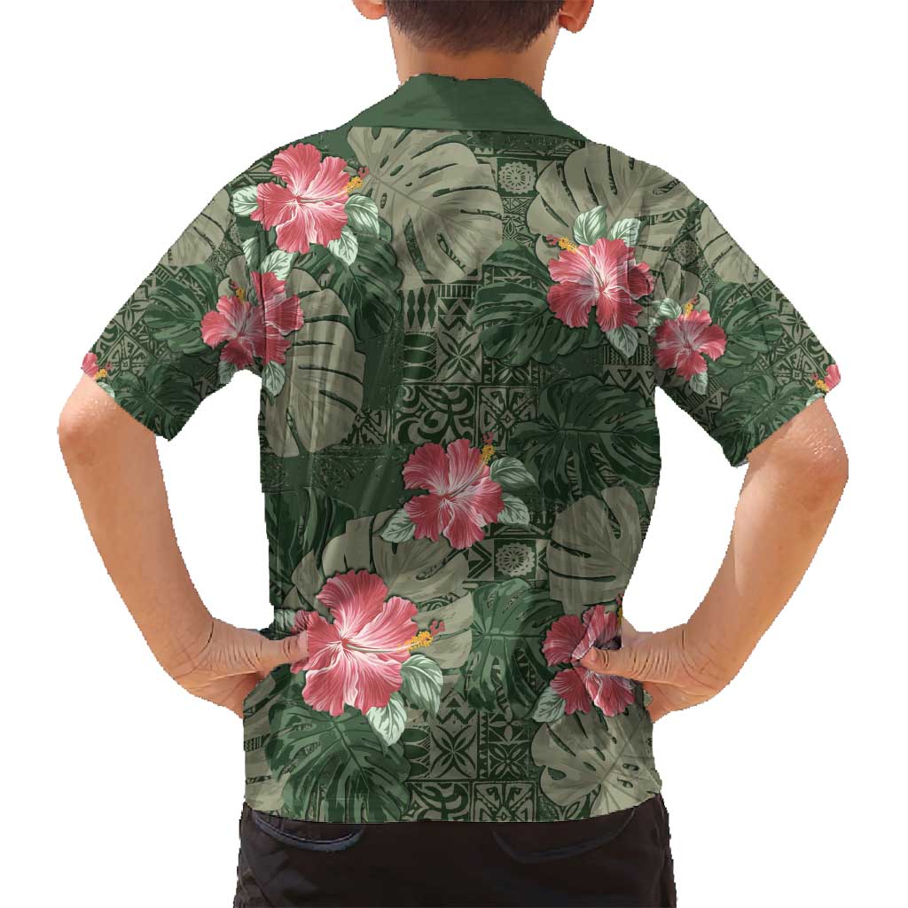 Hawaii Family Matching Off Shoulder Maxi Dress and Hawaiian Shirt Green Polynesian Monstera Patterns - Polynesian Pride