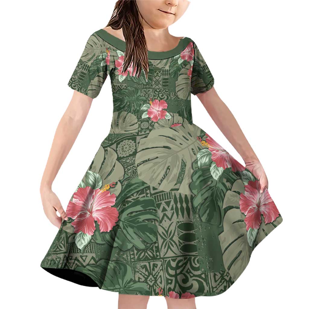 Hawaii Family Matching Off Shoulder Short Dress and Hawaiian Shirt Green Polynesian Monstera Patterns DT05 Daughter's Dress Green - Polynesian Pride
