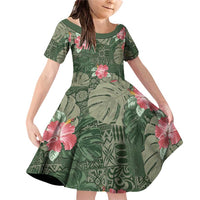 Hawaii Family Matching Off Shoulder Short Dress and Hawaiian Shirt Green Polynesian Monstera Patterns DT05 Daughter's Dress Green - Polynesian Pride
