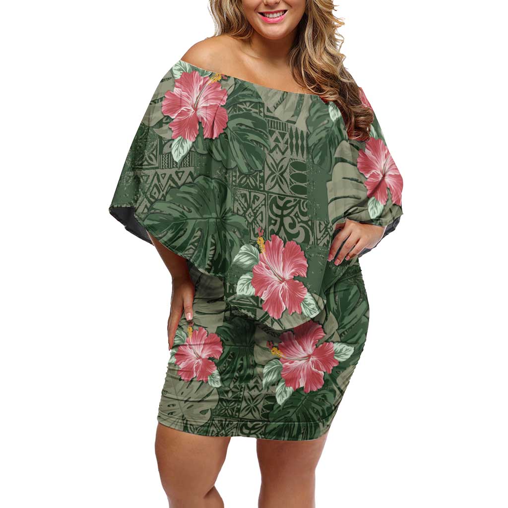 Hawaii Family Matching Off Shoulder Short Dress and Hawaiian Shirt Green Polynesian Monstera Patterns DT05 Mom's Dress Green - Polynesian Pride