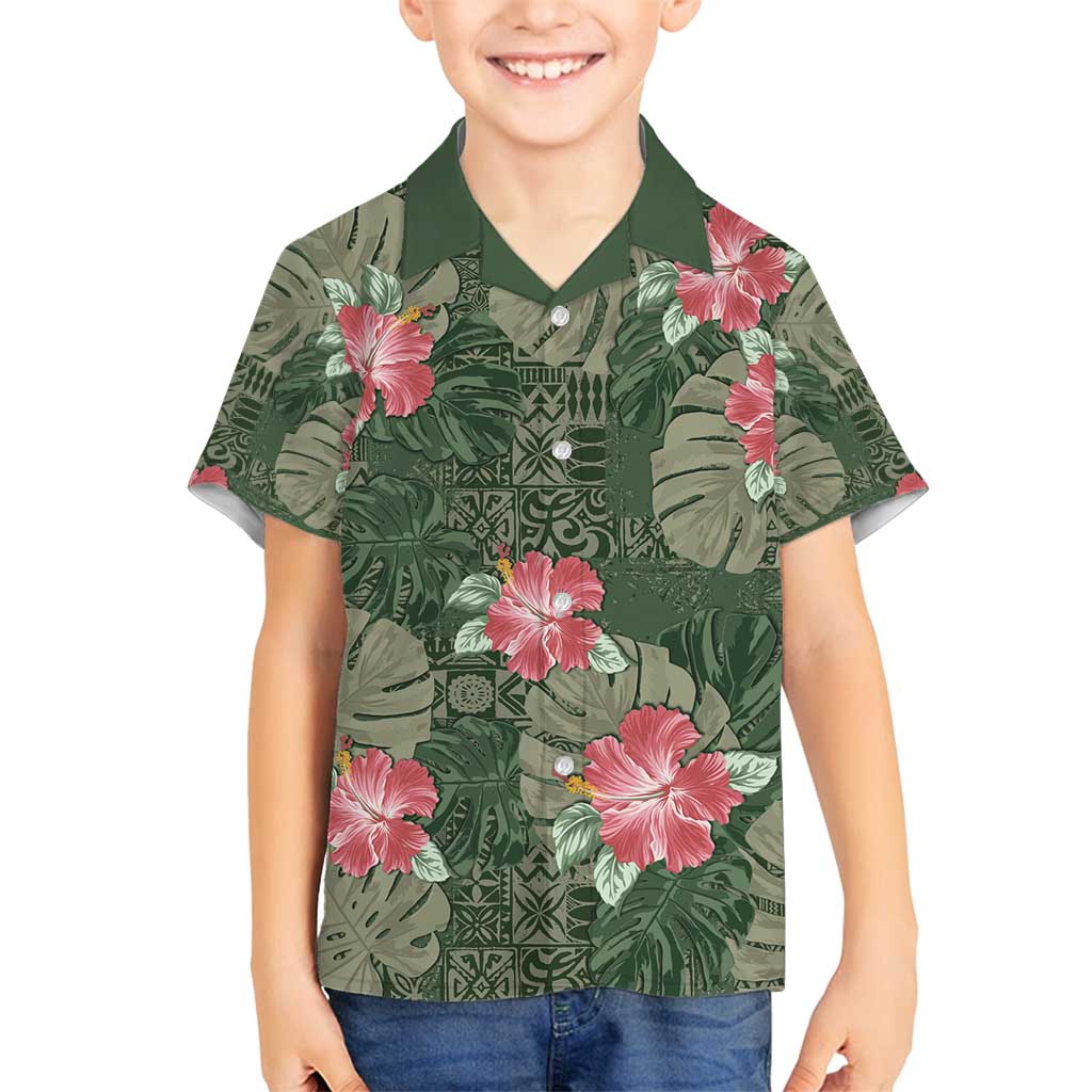 Hawaii Family Matching Off Shoulder Short Dress and Hawaiian Shirt Green Polynesian Monstera Patterns DT05 Son's Shirt Green - Polynesian Pride
