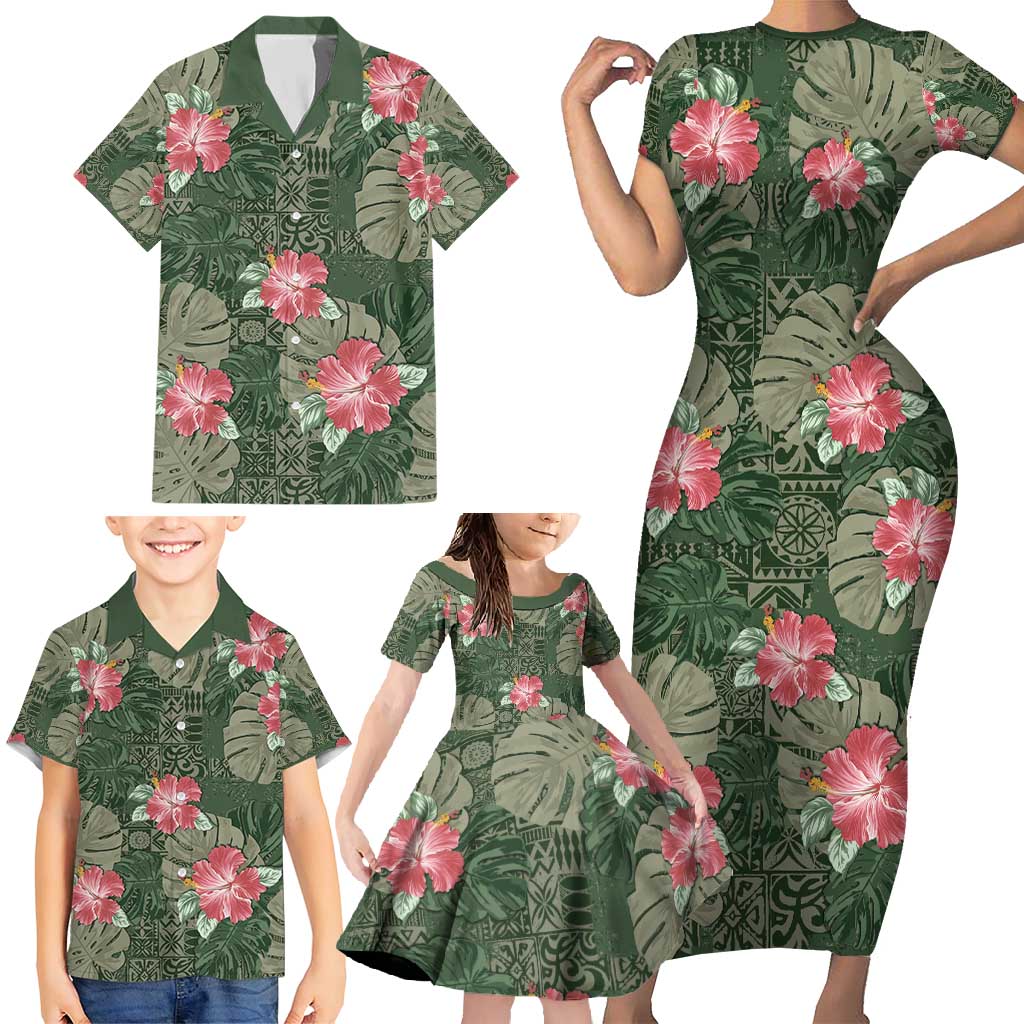 Hawaii Family Matching Short Sleeve Bodycon Dress and Hawaiian Shirt Green Polynesian Monstera Patterns - Polynesian Pride