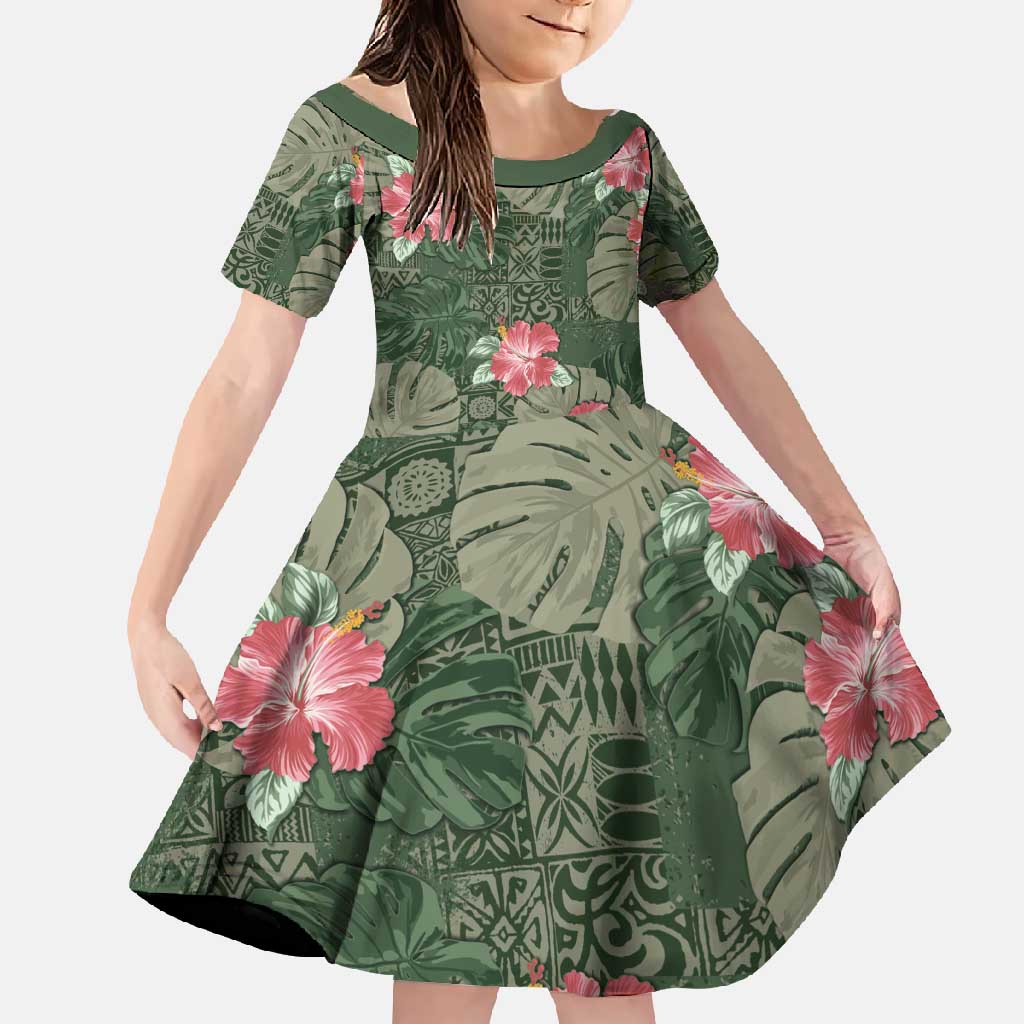 Hawaii Family Matching Summer Maxi Dress and Hawaiian Shirt Green Polynesian Monstera Patterns DT05 Daughter's Dress Green - Polynesian Pride