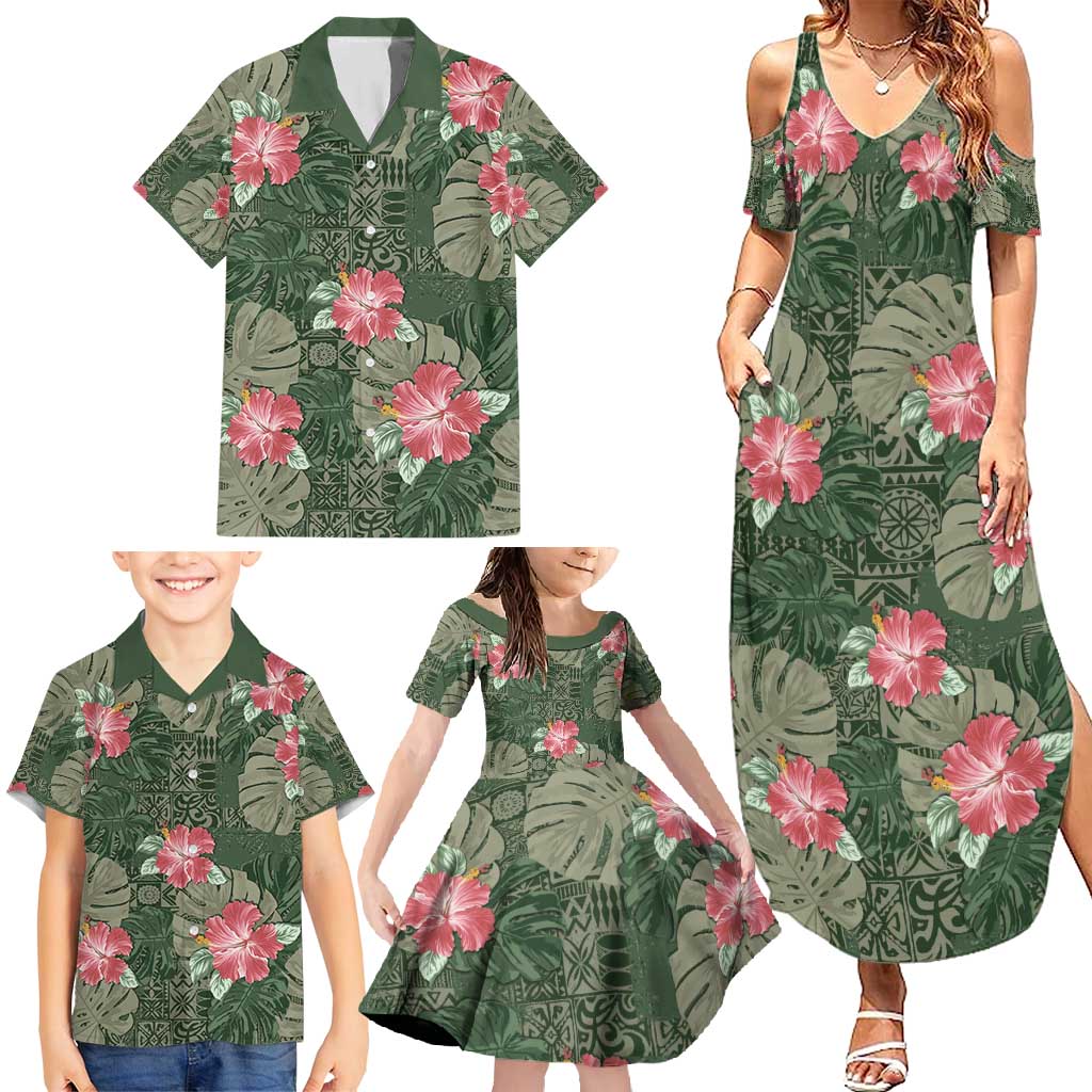 Hawaii Family Matching Summer Maxi Dress and Hawaiian Shirt Green Polynesian Monstera Patterns - Polynesian Pride