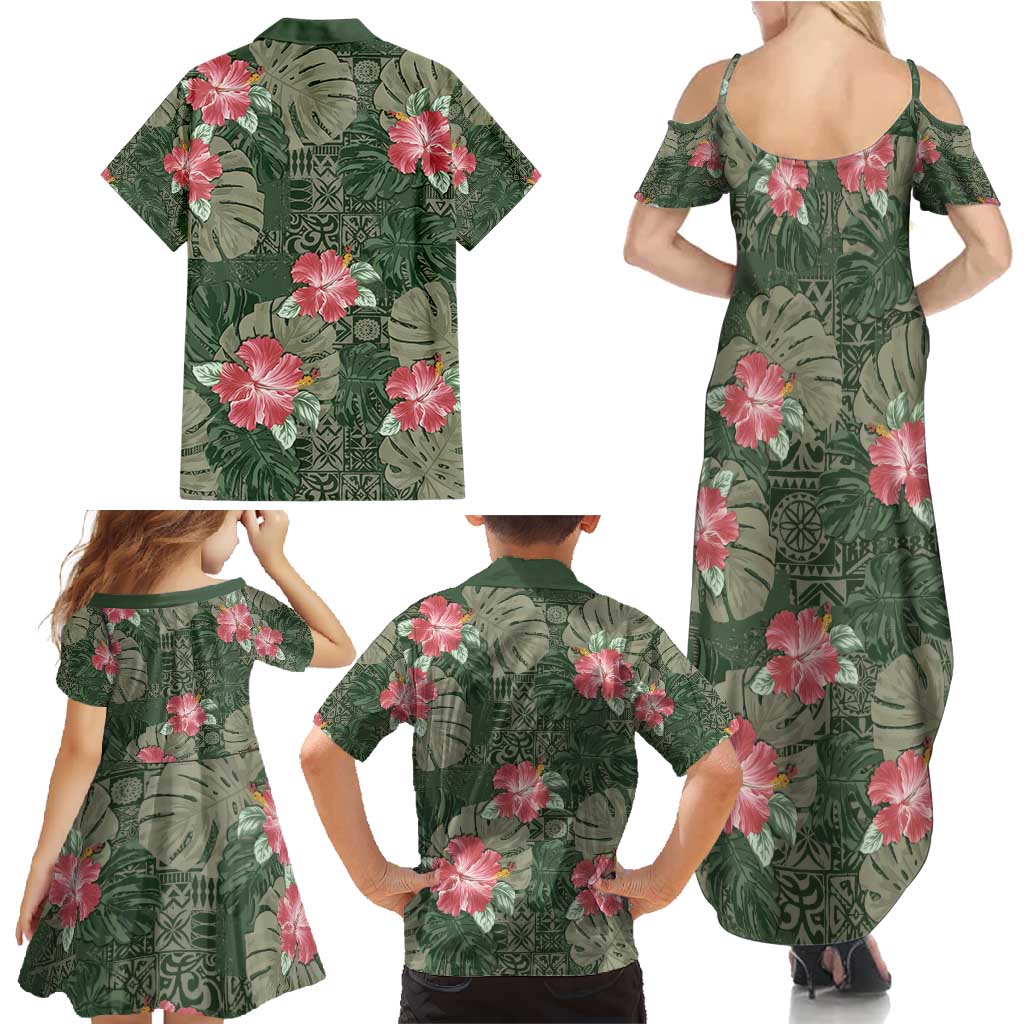 Hawaii Family Matching Summer Maxi Dress and Hawaiian Shirt Green Polynesian Monstera Patterns DT05 - Polynesian Pride