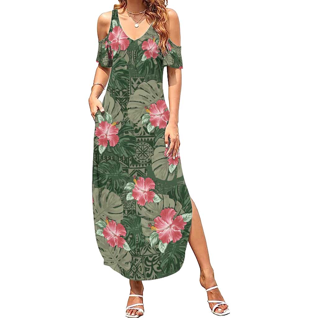 Hawaii Family Matching Summer Maxi Dress and Hawaiian Shirt Green Polynesian Monstera Patterns DT05 Mom's Dress Green - Polynesian Pride