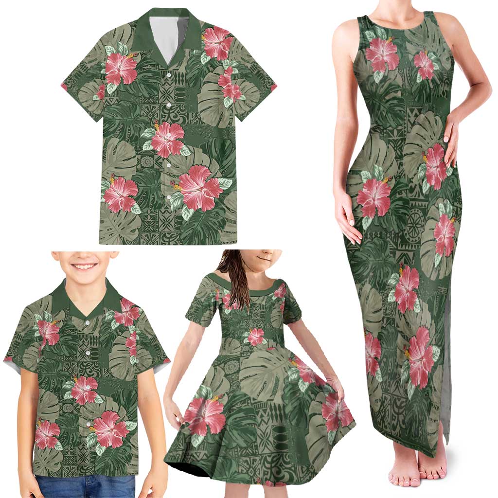 Hawaii Family Matching Tank Maxi Dress and Hawaiian Shirt Green Polynesian Monstera Patterns - Polynesian Pride
