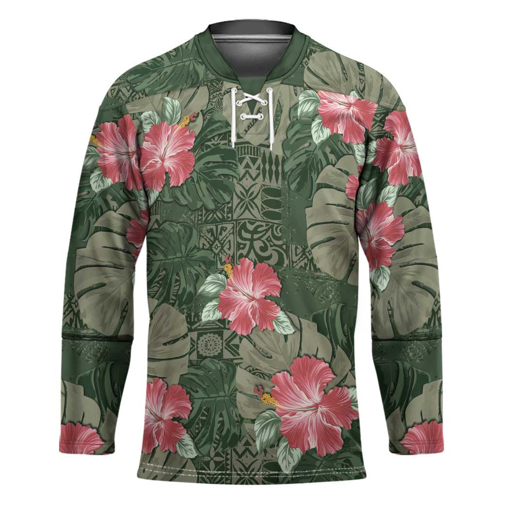 Hawaii Hockey Jersey Green Polynesian Monstera Patterns - Polynesian Pride