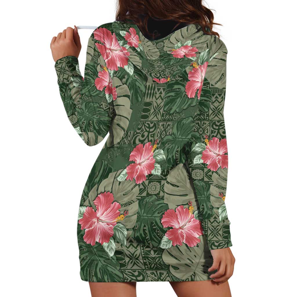 Hawaii Hoodie Dress Green Polynesian Monstera Patterns - Polynesian Pride
