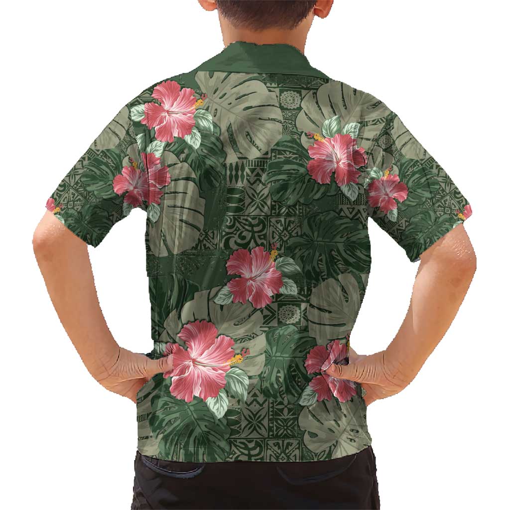 Hawaii Kid Hawaiian Shirt Green Polynesian Monstera Patterns - Polynesian Pride