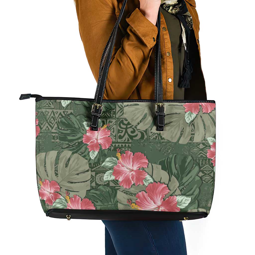 Hawaii Leather Tote Bag Green Polynesian Monstera Patterns - Polynesian Pride