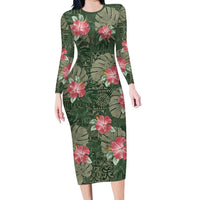 Hawaii Long Sleeve Bodycon Dress Green Polynesian Monstera Patterns - Polynesian Pride