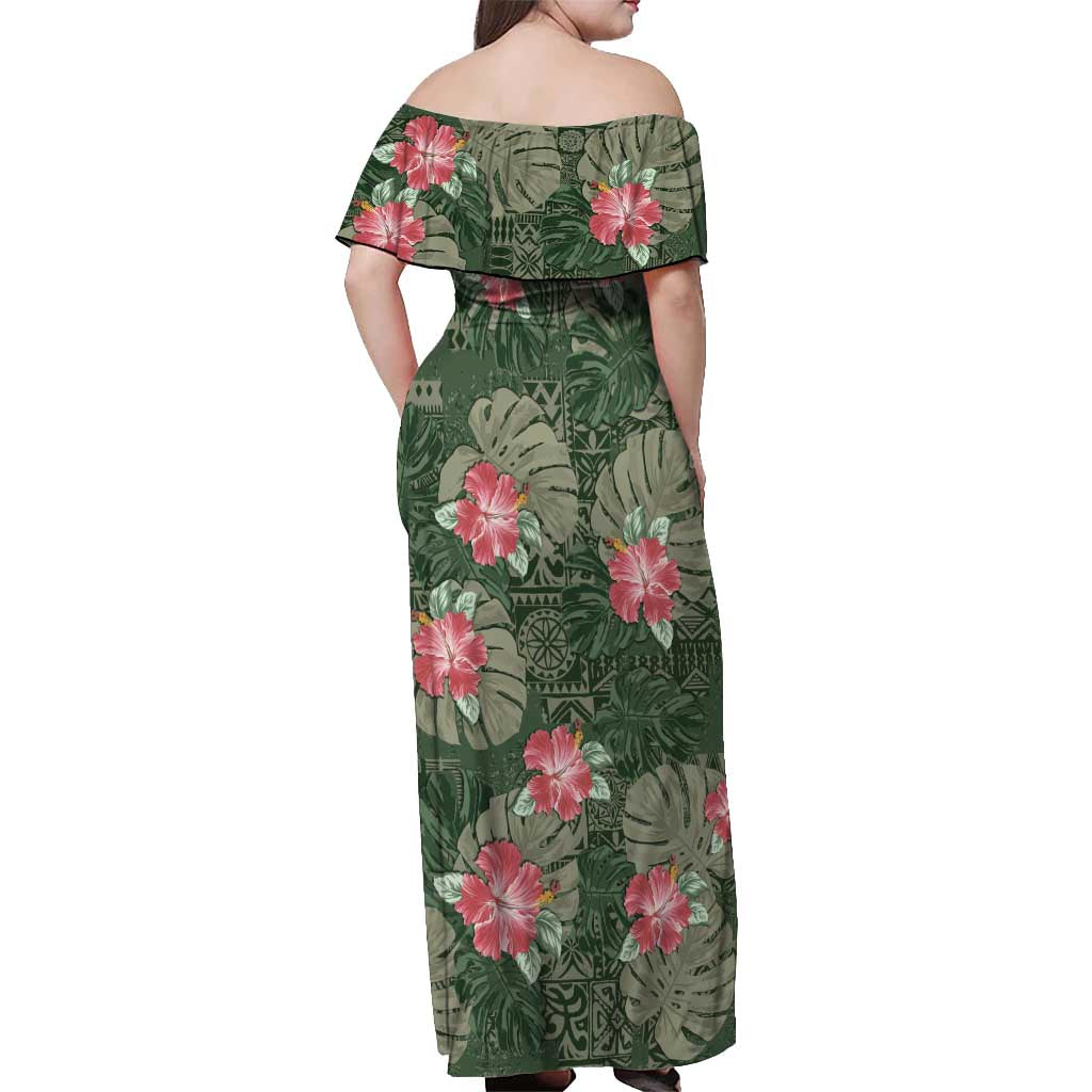 Hawaii Off Shoulder Maxi Dress Green Polynesian Monstera Patterns - Polynesian Pride