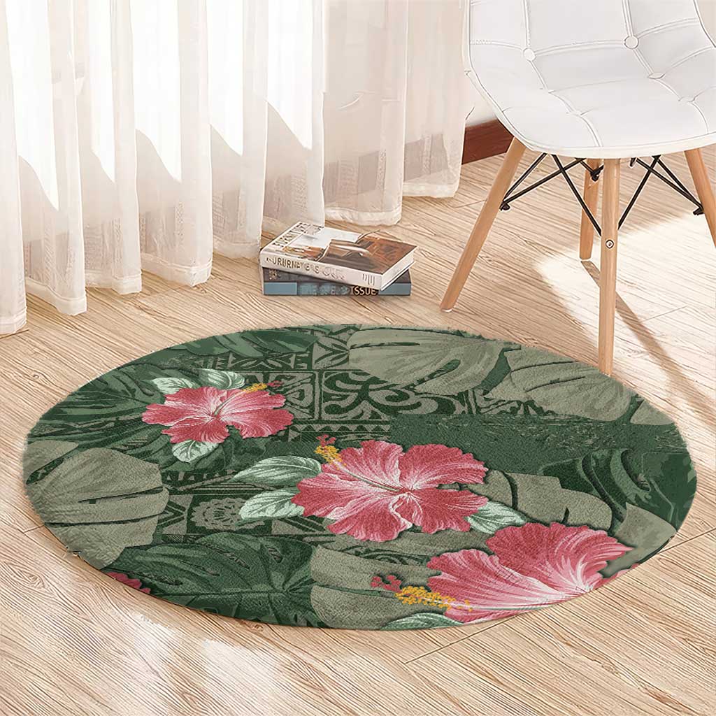 Hawaii Round Carpet Green Polynesian Monstera Patterns - Polynesian Pride