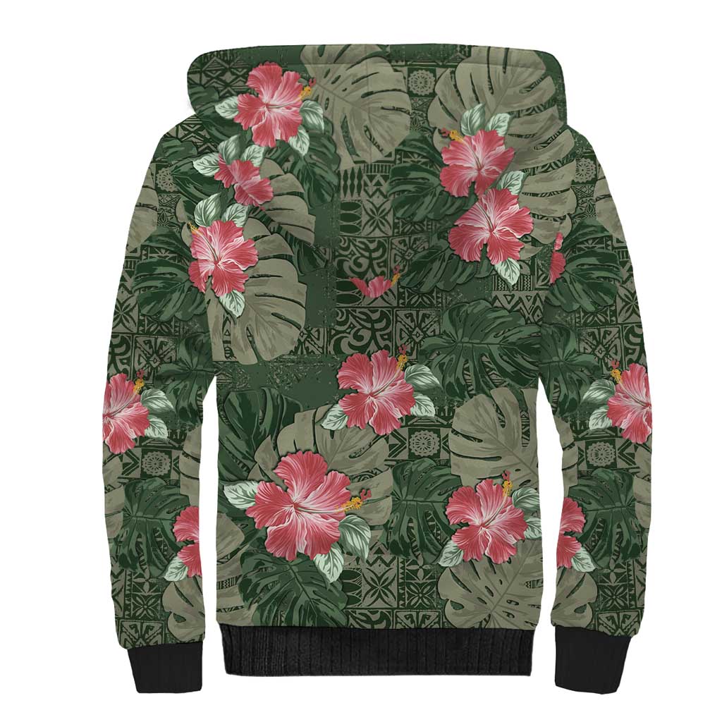 Hawaii Sherpa Hoodie Green Polynesian Monstera Patterns - Polynesian Pride