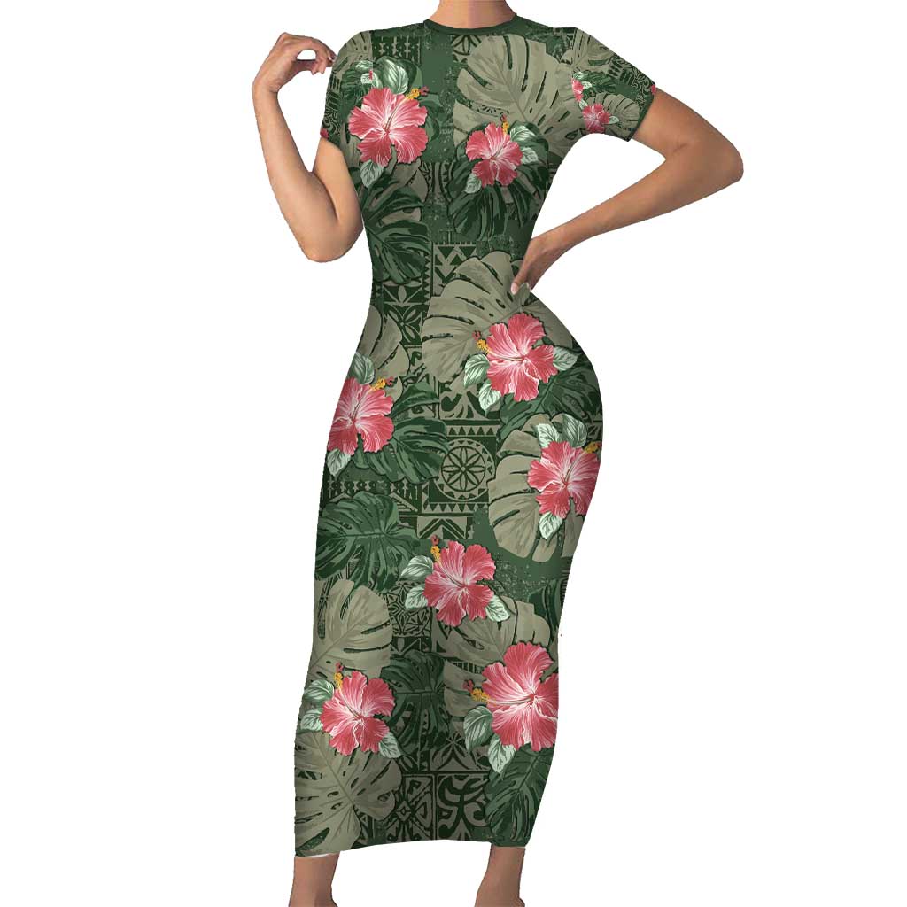 Hawaii Short Sleeve Bodycon Dress Green Polynesian Monstera Patterns - Polynesian Pride
