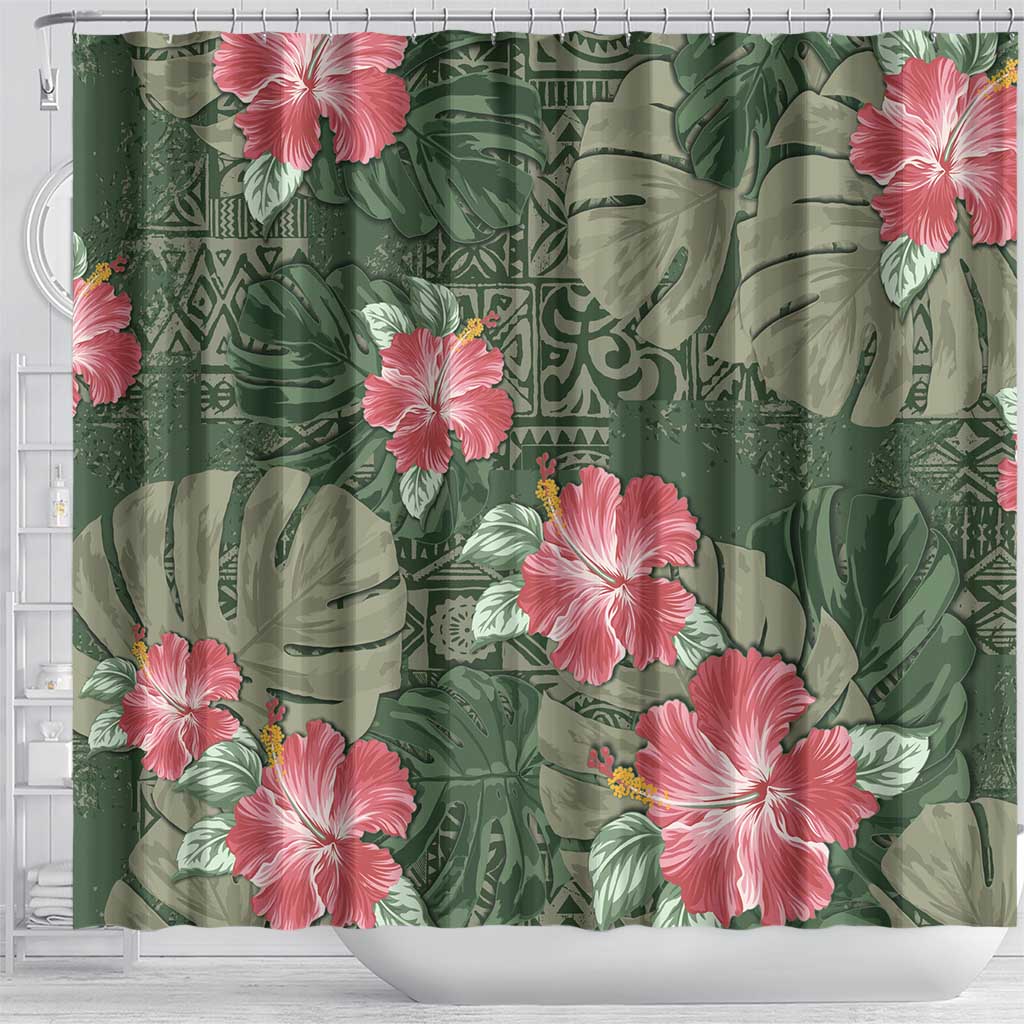 Hawaii Shower Curtain Green Polynesian Monstera Patterns - Polynesian Pride