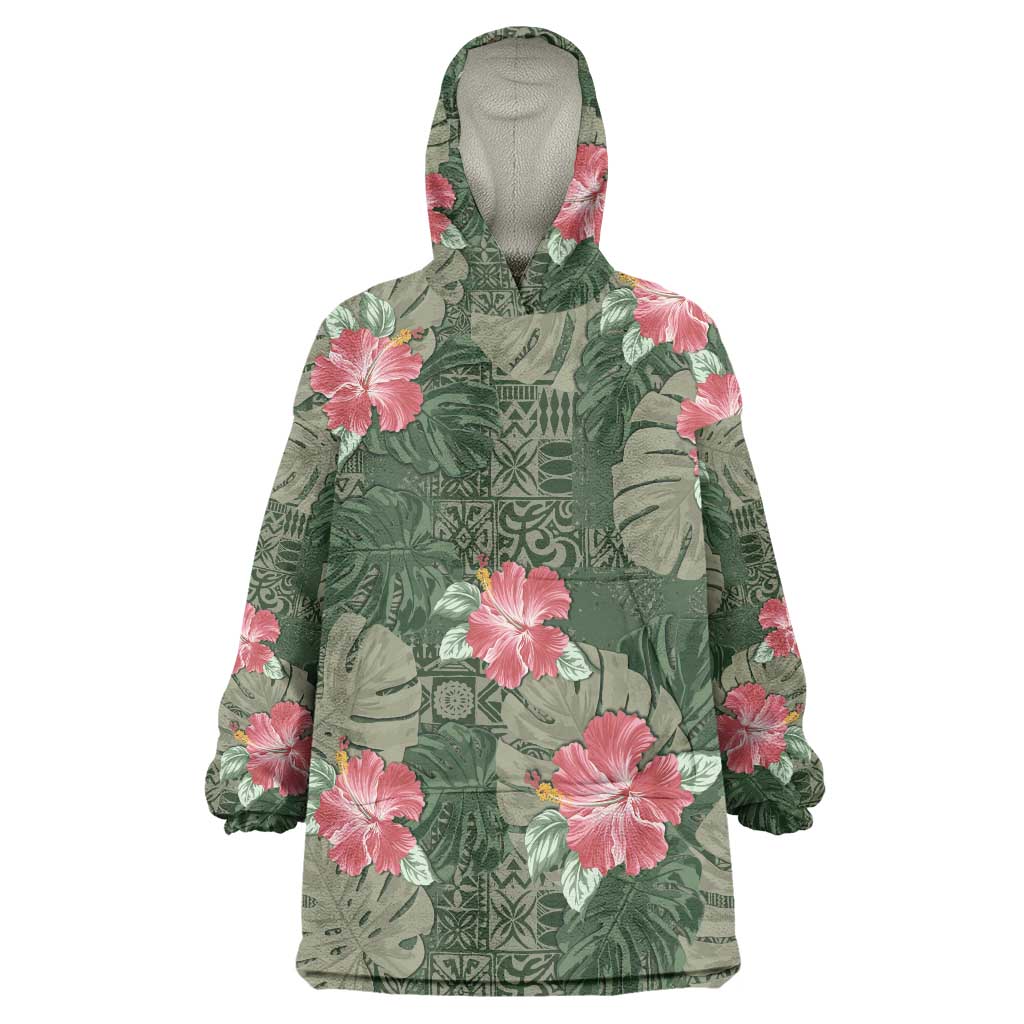 Hawaii Wearable Blanket Hoodie Green Polynesian Monstera Patterns - Polynesian Pride