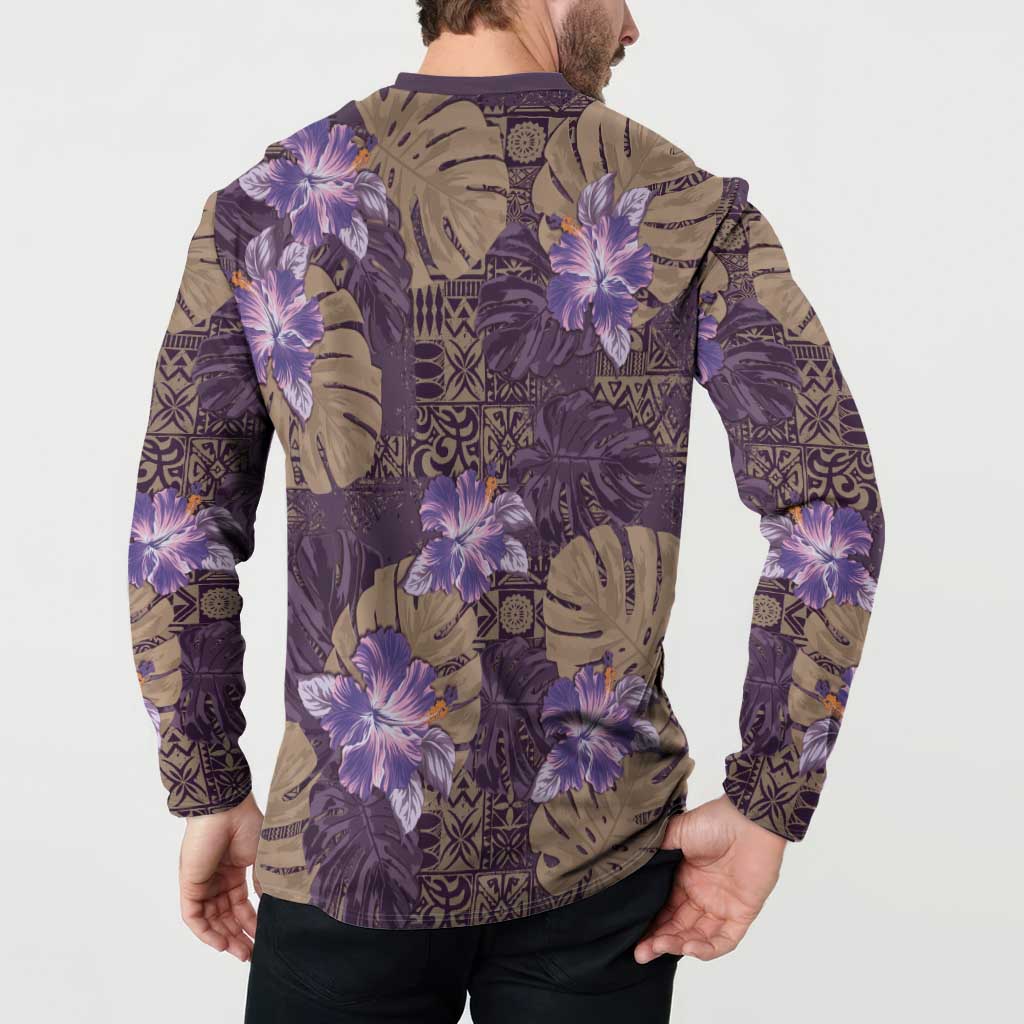 Hawaii Button Sweatshirt Purple Polynesian Monstera Patterns - Polynesian Pride