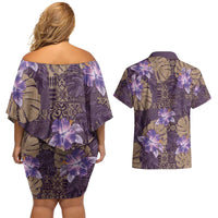 Hawaii Couples Matching Off Shoulder Short Dress and Hawaiian Shirt Purple Polynesian Monstera Patterns - Polynesian Pride