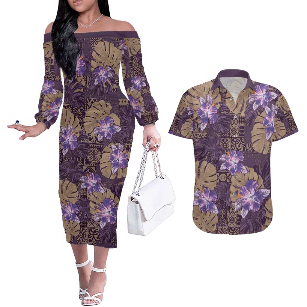 Hawaii Couples Matching Off The Shoulder Long Sleeve Dress and Hawaiian Shirt Purple Polynesian Monstera Patterns - Polynesian Pride