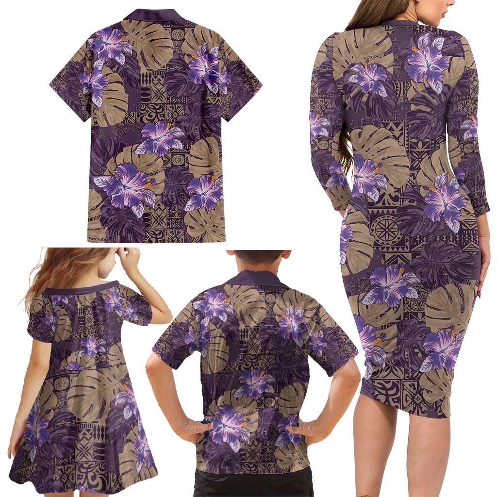 Hawaii Family Matching Long Sleeve Bodycon Dress and Hawaiian Shirt Purple Polynesian Monstera Patterns - Polynesian Pride