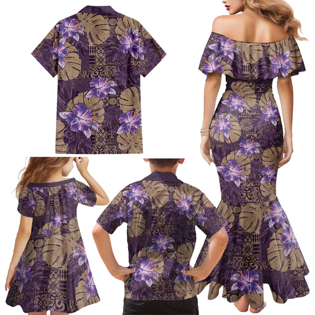 Hawaii Family Matching Mermaid Dress and Hawaiian Shirt Purple Polynesian Monstera Patterns - Polynesian Pride