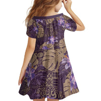 Hawaii Family Matching Off The Shoulder Long Sleeve Dress and Hawaiian Shirt Purple Polynesian Monstera Patterns - Polynesian Pride