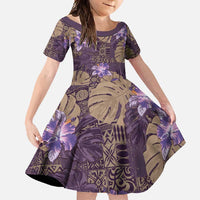 Hawaii Family Matching Off Shoulder Maxi Dress and Hawaiian Shirt Purple Polynesian Monstera Patterns DT05 Daughter's Dress Purple - Polynesian Pride