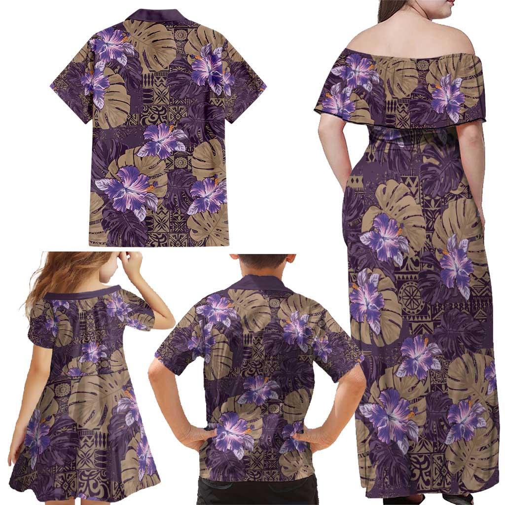 Hawaii Family Matching Off Shoulder Maxi Dress and Hawaiian Shirt Purple Polynesian Monstera Patterns DT05 - Polynesian Pride