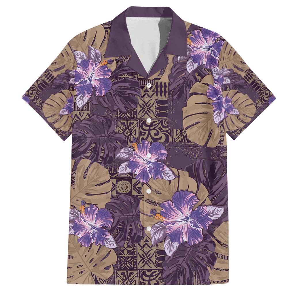Hawaii Family Matching Off Shoulder Maxi Dress and Hawaiian Shirt Purple Polynesian Monstera Patterns DT05 Dad's Shirt - Short Sleeve Purple - Polynesian Pride