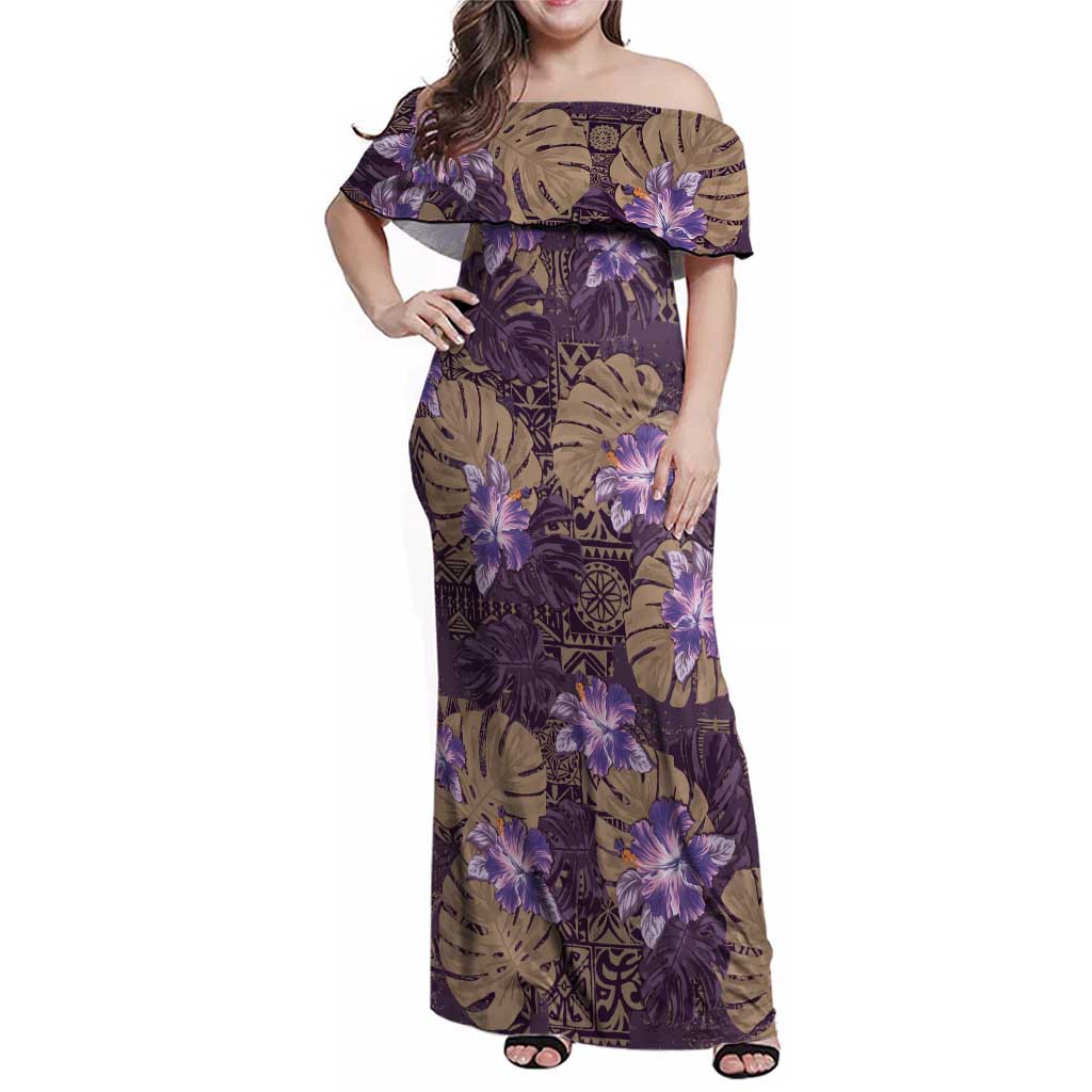 Hawaii Family Matching Off Shoulder Maxi Dress and Hawaiian Shirt Purple Polynesian Monstera Patterns DT05 Mom's Dress Purple - Polynesian Pride