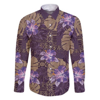 Hawaii Family Matching Off Shoulder Short Dress and Hawaiian Shirt Purple Polynesian Monstera Patterns DT05 Dad's Shirt - Long Sleeve Purple - Polynesian Pride