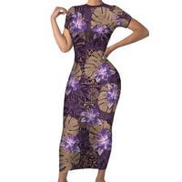 Hawaii Family Matching Short Sleeve Bodycon Dress and Hawaiian Shirt Purple Polynesian Monstera Patterns - Polynesian Pride