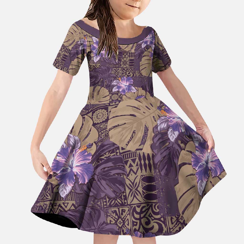 Hawaii Family Matching Summer Maxi Dress and Hawaiian Shirt Purple Polynesian Monstera Patterns DT05 Daughter's Dress Purple - Polynesian Pride