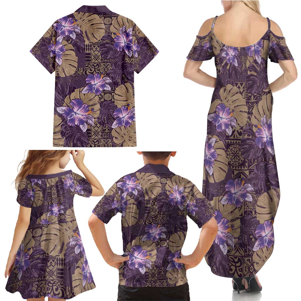 Hawaii Family Matching Summer Maxi Dress and Hawaiian Shirt Purple Polynesian Monstera Patterns DT05 - Polynesian Pride