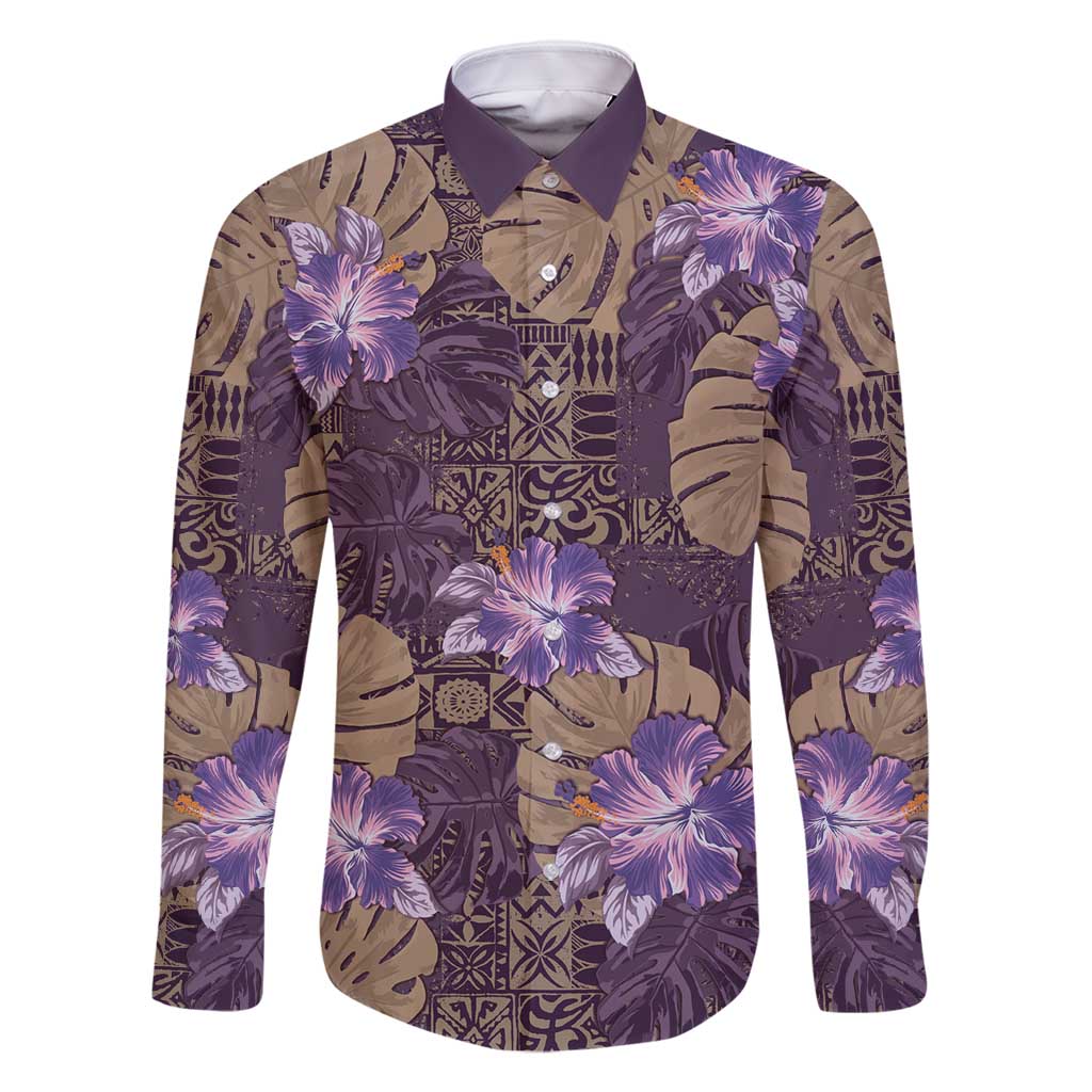 Hawaii Family Matching Summer Maxi Dress and Hawaiian Shirt Purple Polynesian Monstera Patterns DT05 Dad's Shirt - Long Sleeve Purple - Polynesian Pride